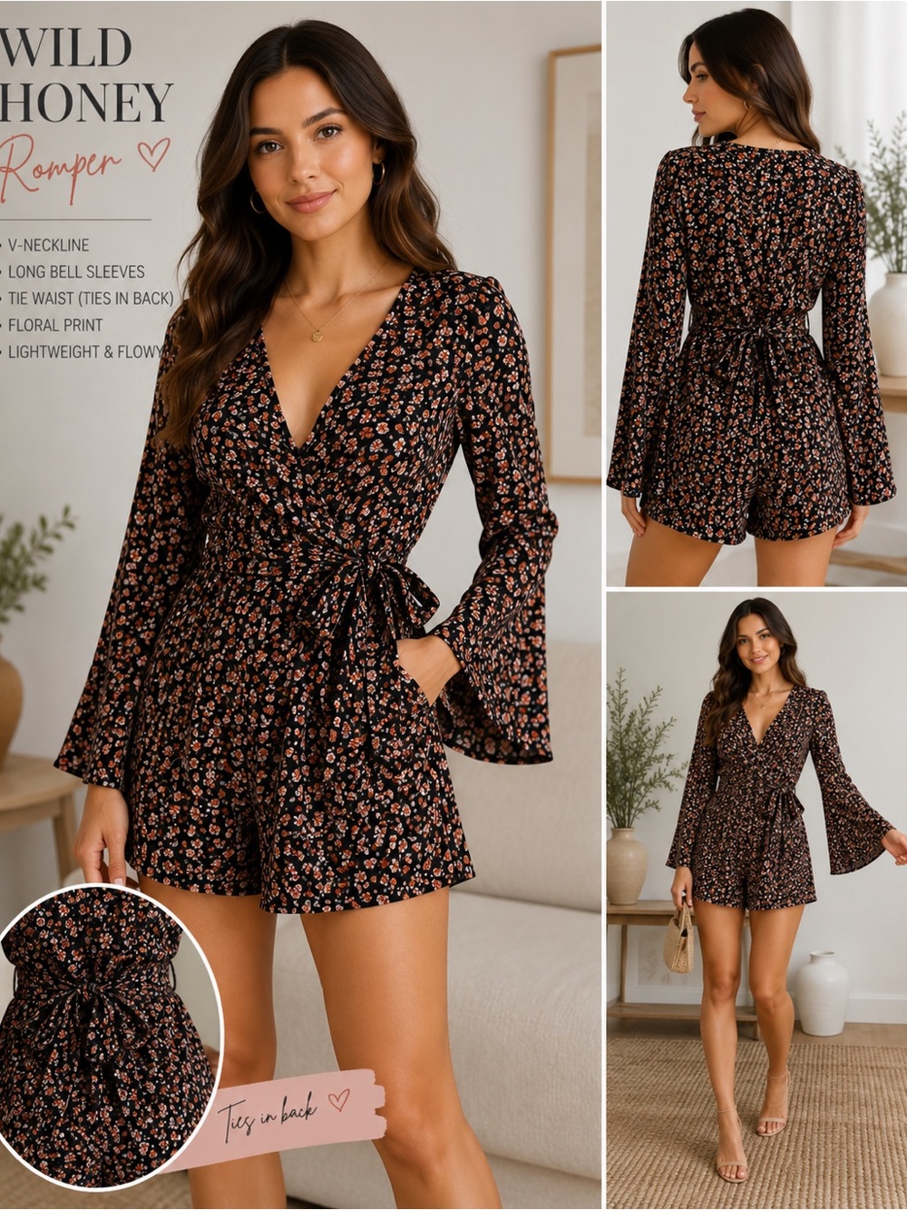 Wild Honey Floral Long Sleeve Romper | Black Ditsy Print | Size Small